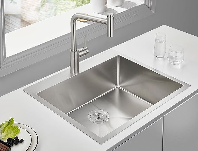 MENATT 25 x 22 Inch Drop In Kitchen Sink, 18 Gauge T-304 Stainless Steel Handmade Single Bowl 1 Faucet Hole Topmount Kitchen Sink, Brushed