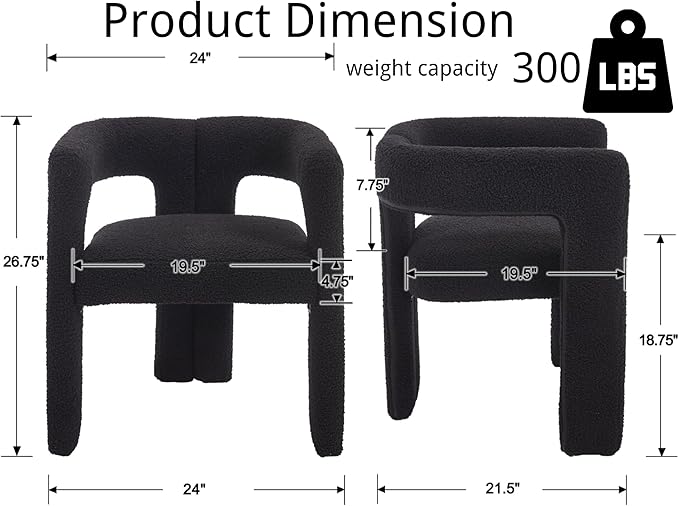 VESCASA Modern Barrel Dining Chairs Set of 4 with Open Back, Upholstered Boucle Accent Kitchen Armchairs with Wood Legs for Dining Room Reception Small Space, Black
