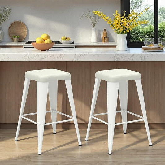 Backless Bar Stools Set of 2, Upholstered Faux Leather Counter Height Stools with Sturdy Metal Legs, 24 Inch Barstools for Kitchen Island (White)