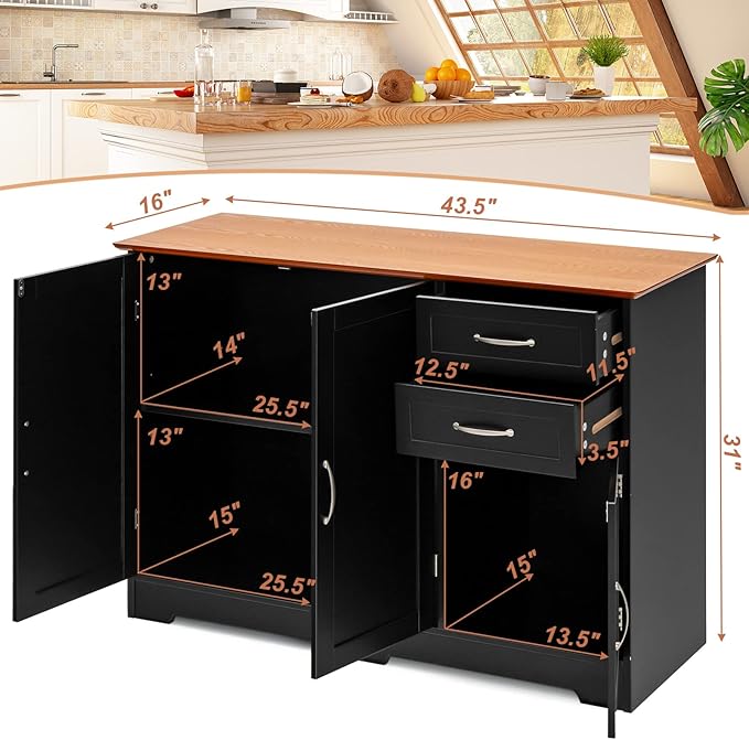 LOKO Buffet Cabinet With Storage, Modern Bar With 3 Doors, 2 Drawers & Adjustable Shelf, Kitchen Sideboard Console Table for Living Room, 43.5 x 16 x 31 Inches (Black)