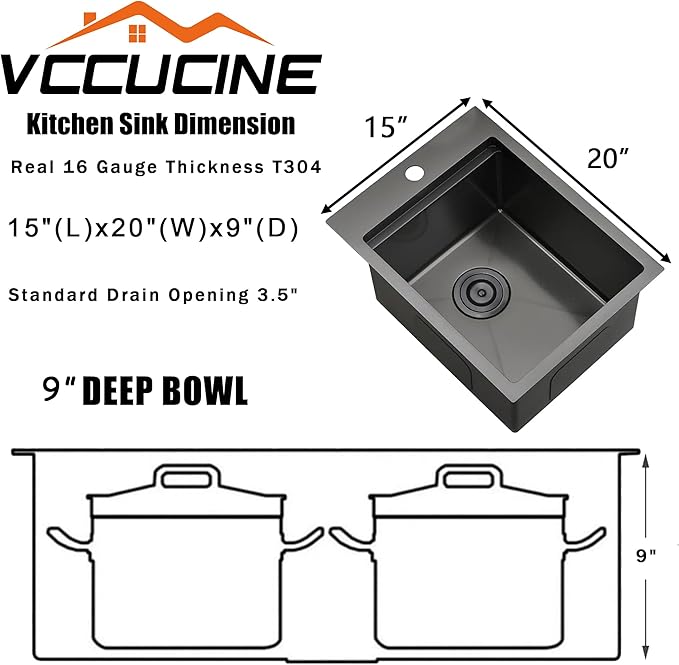 VC CUCINE 15x20 Inch Gunmetal Black Drop-in Bar Sink, Single Bowl, 16 Gauge Stainless Steel, Topmount, Modern, Workstation Sink with Accessories
