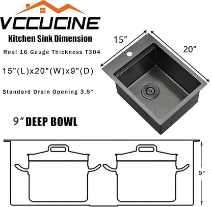 VC CUCINE 15x20 Inch Gunmetal Black Drop-in Bar Sink, Single Bowl, 16 Gauge Stainless Steel, Topmount, Modern, Workstation Sink with Accessories