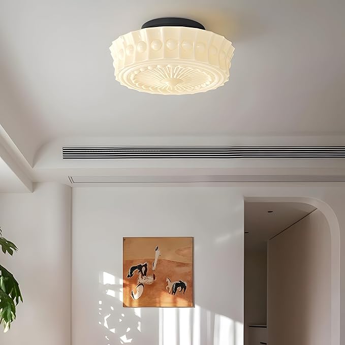 Bofea-Cream Glass Semi Flush Mount Ceiling Light Creative Sunflower Ceiling Light Fixture,Vintage Black Flush Mount Ceiling Lamp,Mid Century Ceiling Lighting for Bedroom,Hallway,Schoolhouse Kitchen.