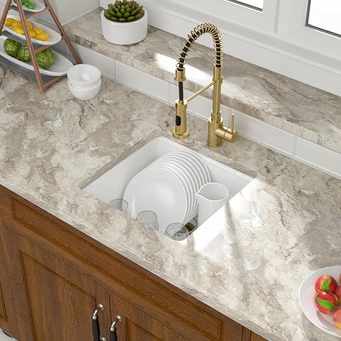 Mocoloo 18 Inch White Undermount Granite Composite Kitchen Bar Sink - 18 x 18 Matte White Ledge Workstation Kitchen Sinks, Composite Quartz Single Bowl Under Counter Bar Prep Rv Sink Basin