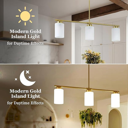 3-Light Gold Kitchen Island Lighting 31" Pendant Light with Milk Glass Shade Adjustable Height Linear Chandelier for Dining Room Modern Farmhouse Light Fixture Over Table Bar Living Room Foyer, E26