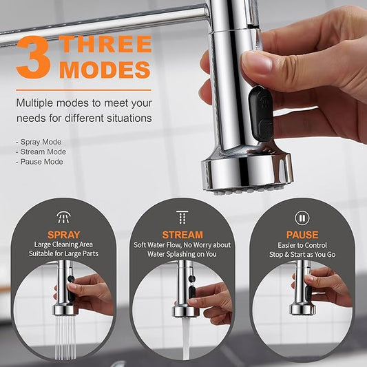 TIORIY Kitchen Faucet Spray Head Replacement with 15 Adapters, Plastic Spray Nozzle for Kitchen Faucet 3 Modes, Compatible with American Standard Faucets, Pause Mode (Chrome)