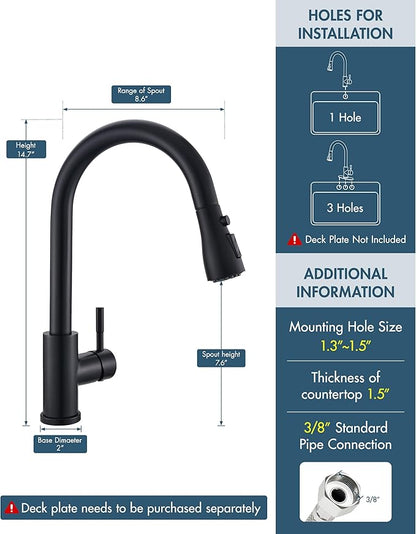 GIMILI Kitchen Faucet with Soap Dispenser Single Hole Kitchen Sink Faucet with Pull Down Sprayer Suitable for Farmhouses RV Laundry Room Outdoor and Campers Matte Black