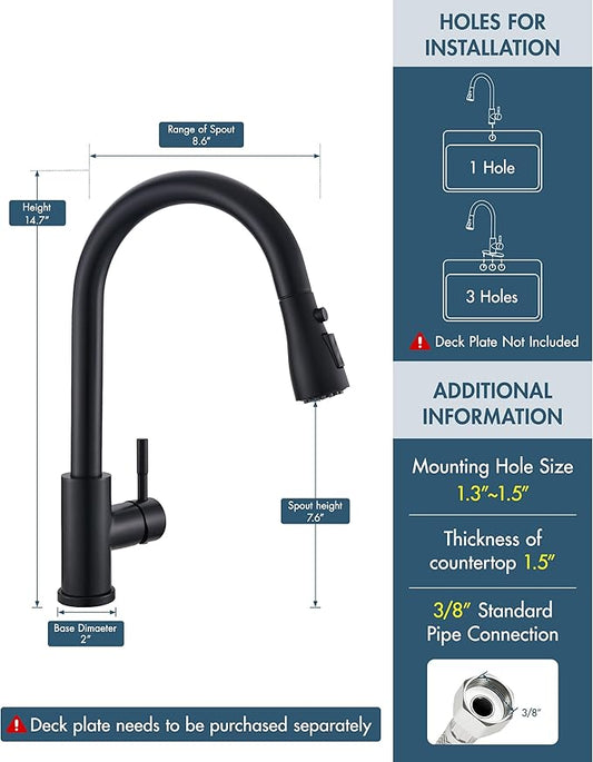GIMILI Kitchen Faucet with Soap Dispenser Single Hole Kitchen Sink Faucet with Pull Down Sprayer Suitable for Farmhouses RV Laundry Room Outdoor and Campers Matte Black