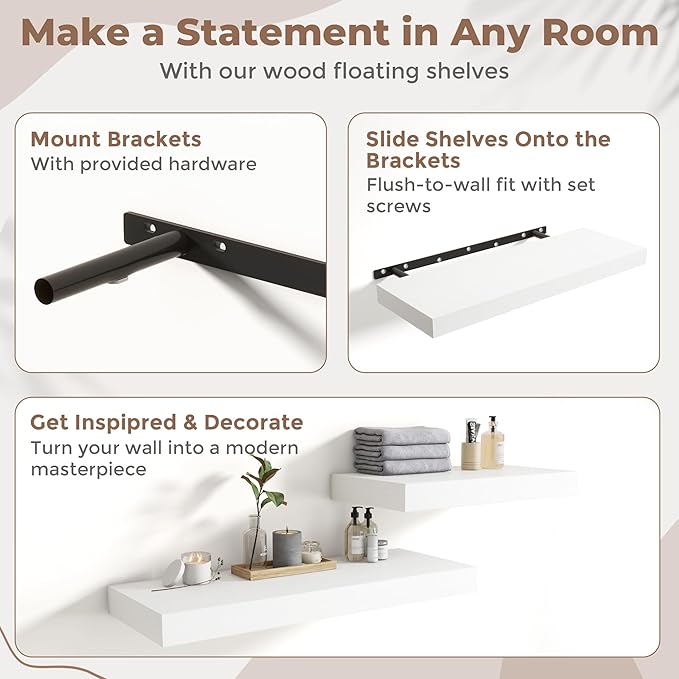 Marsmiles 12" Deep Floating Shelves for Wall with Invisible Brackets, Wall Mounted Engineered Wood Shelves with Wood Grain for Living Room, Bedroom, Kitchen Decor and Storage, 24" L Set of 2, White