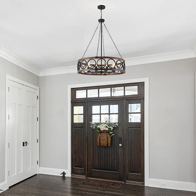 XINGQI 32.3" Large Drum Chandelier Farmhouse Black 8 Light Modern Rustic Pendant Lighting Fixture for Living Room Dining Room Kitchen Island Bar Office