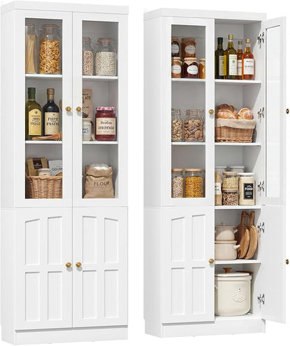 Cyclysio Kitchen Pantry Cabinet, 80" Wood Pantry Storage Cabinet with Doors and Adjustable Shelves, Kitchen Cabinet with Thickened Top Panel, Tall Cabinet for Livingroom, Pantry, Bathroom (1, White)