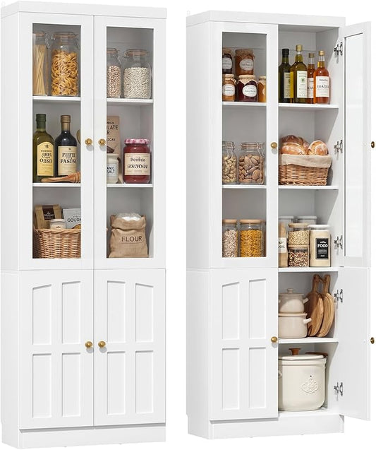 Cyclysio Kitchen Pantry Cabinet, 80" Wood Pantry Storage Cabinet with Doors and Adjustable Shelves, Kitchen Cabinet with Thickened Top Panel, Tall Cabinet for Livingroom, Pantry, Bathroom (1, White)