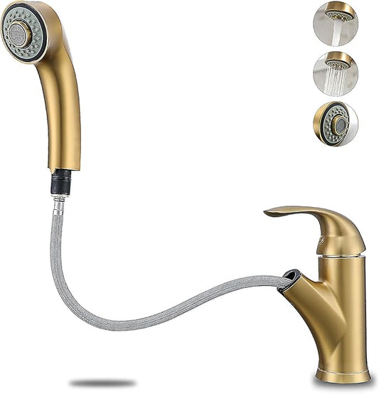 Gold Kitchen Faucet with Sprayer - Matte Brushed Gold Kitchen Sink Faucets with Pull Out Sprayer, Single Handle 1 Hole Faucet Solid Brass Commercial RV Faucets 2 Modes 150°Rotation No Lead