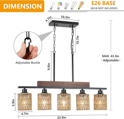 Rattan Farmhouse Chandeliers for Dining Room, Boho Kitchen Island Lighting, 5-Light Linear Chandelier Rectangle Pendant Lighting, Rustic Wood Chandeliers Black Hanging Light Fixtures for Living Room