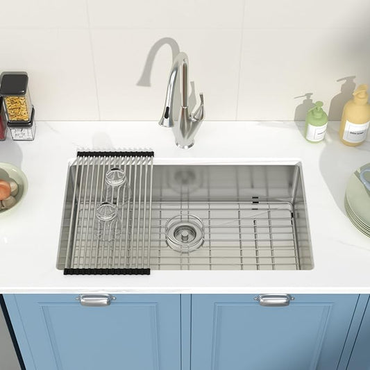 30 Undermount Kitchen Sink 30"x18"x8" Single Bowl 16 Gauge Stainless Steel Under Counter Single Bowl Kitchen Sinks Basin with Drain Strainer