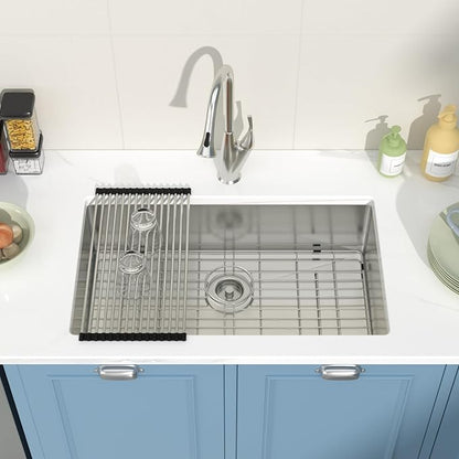 28 Undermount Kitchen Sink 28"x18"x8" Single Bowl 16 Gauge Stainless Steel Under Counter Single Bowl Kitchen Sinks Basin with Drain Strainer