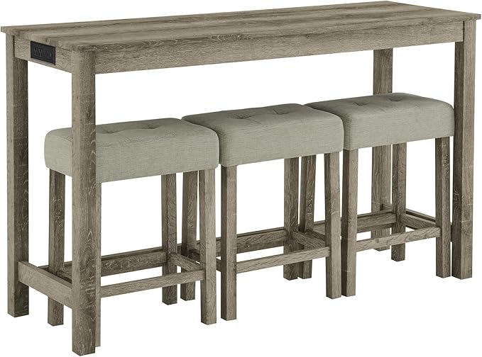 4-Piece Kitchen Island Counter-Table Set with Charging Station, Industrial 59" Dining Tables with 3 Stools, 59 Inch Farmhouse Bar Table Chairs w/USB & Type-C & Power Outlets,Light Brown