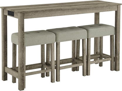 4-Piece Kitchen Island Counter-Table Set with Charging Station, Industrial 59" Dining Tables with 3 Stools, 59 Inch Farmhouse Bar Table Chairs w/USB & Type-C & Power Outlets,Light Brown