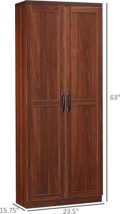63" Kitchen Pantry, Freestanding Storage Cabinet with 5-Tier Shelving and 2 Adjustable Shelves, 2-Door, Brown, Easy to Maintain, for Dining Room