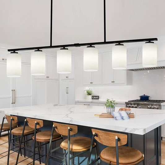6-Light Modern Island Lights for Kitchen, Black Dining Room Light Fixtures Over Table, Pendant Lighting Over Island Kitchen Hanging Light Fixtures 45.27'' Large Chandeliers with Milky Glass Shades
