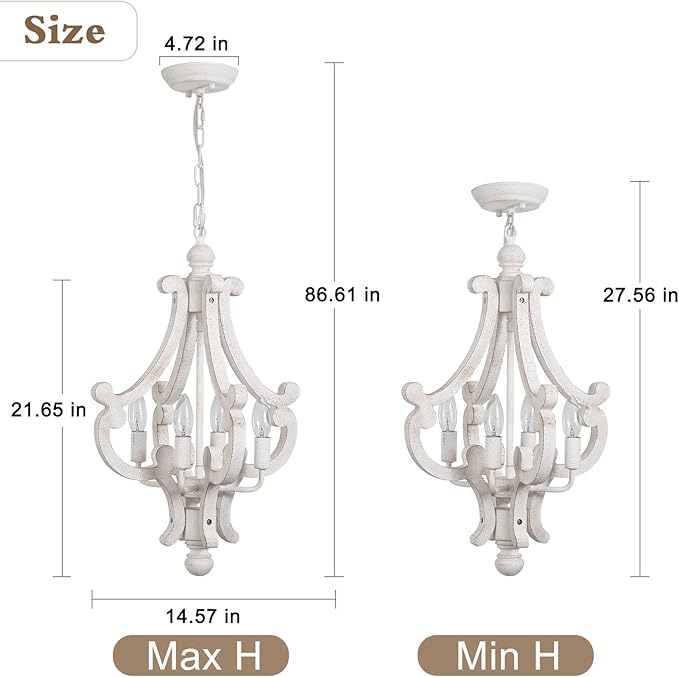 ALISADABOY Farmhouse Rustic Wood Light Fixture Distressed White Dining Room Pendant Chandelier French Country 4 Light Candle Hanging Lamp for Kitchen Island Living Room Bedroom Entryway Foyer