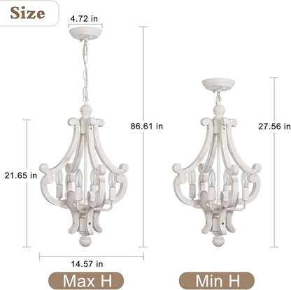 ALISADABOY Farmhouse Rustic Wood Light Fixture Distressed White Dining Room Pendant Chandelier French Country 4 Light Candle Hanging Lamp for Kitchen Island Living Room Bedroom Entryway Foyer