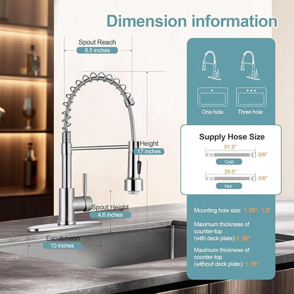 LED Kitchen Faucets with Pull Down Sprayer, Brushed Nickel Modern Single Handle Stainless Steel Pull Out Spring Sink Faucet with LED Light for RV Bar Farmhous Laundry Outdoor