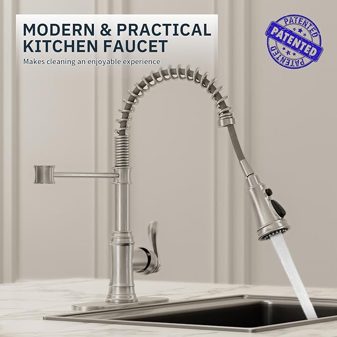 BWE Brushed Nickel Kitchen Faucet with Pull Down Sprayer, Single Handle High Arc Kitchen Sink Faucet 1 Hole or 3 Hole, Solid Brass Spring Kitchen Faucet with 3-Mode Sprayer for Farmhouse RV