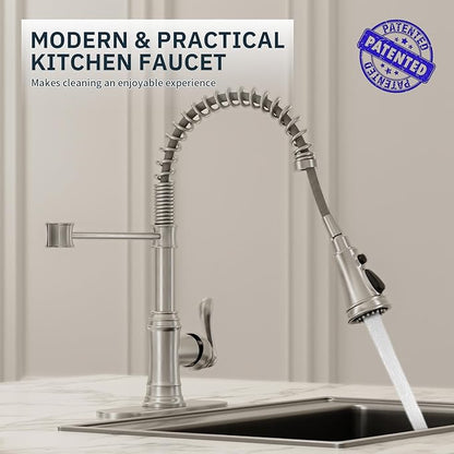 BWE Brushed Nickel Kitchen Faucet with Pull Down Sprayer, Single Handle High Arc Kitchen Sink Faucet 1 Hole or 3 Hole, Solid Brass Spring Kitchen Faucet with 3-Mode Sprayer for Farmhouse RV