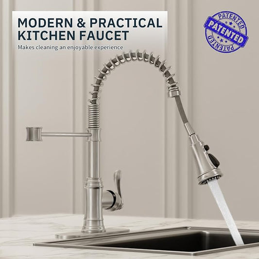 BWE Brushed Nickel Kitchen Faucet with Pull Down Sprayer, Single Handle High Arc Kitchen Sink Faucet 1 Hole or 3 Hole, Solid Brass Spring Kitchen Faucet with 3-Mode Sprayer for Farmhouse RV