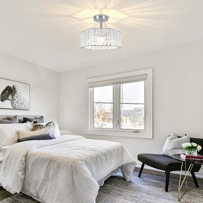 TOULMJ Crystal Semi Flush Mount Ceiling Light, 3-Light Modern Close to Ceiling Light Fixtures, Chrome Hallway Light Fixtures Flush Mount Chandelier for Entryway Kitchen Bedroom Bathroom Laundry Room
