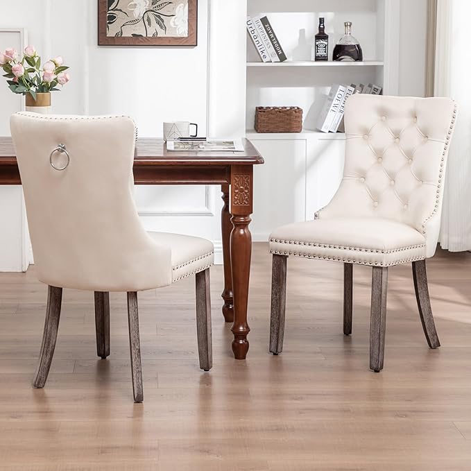 Eifizek Velvet Dining Chairs Set of 2, Tufted Dining Room Chairs with Nailhead Ring Pull Trim, Upholstered Dining Chairs with Solid Wood Legs for Kitchen Dining Room (Beige)