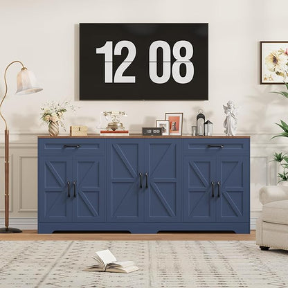 71” Large Sideboard Buffet Cabinet with Storage, Farmhouse Kitchen Buffet Cabinet with Adjustable Shelves and 6 Barn Doors, Wood Coffee Wine Bar Console Table for Kitchen, Dining Room, Navy Blue