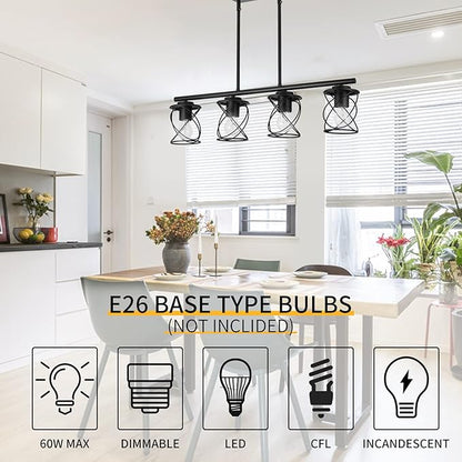 mavcadonf 4-Light UL Certified Farmhouse Linear Pendant Light, Black Metal Adjustable Kitchen Island Light with Sloped Ceiling Compatible, Hanging Light for Dining Room Living Room Foyer