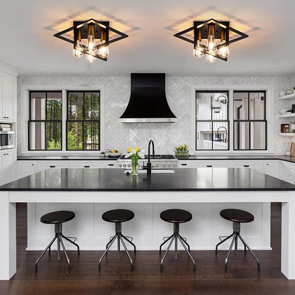 Semi Flush Mount Ceiling Light Fixture, 4 Light Industrial Ceiling Light,Black Frame & Gold Accent, Close to Ceiling Farmhouse Lighting for Kitchen, Bathroom, Bedroom, Hallway (E26,1-Pack)