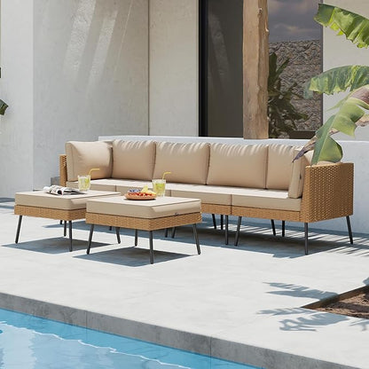 Aoxun 6 Piece Patio Furniture Set, 6 Seats Outdoor Sectional Sofas with Thick Cushion, Wicker Outdoor Patio Furniture Set with Ottomans for Party, Garden, Backyard, Beige