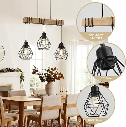 20" Farmhouse Kitchen Light Fixture, Black Hanging Kitchen Chandelier, 3-Light Rustic Dining Room Light Adjustable Height with Wood and Metal Frame, Suit for Farmhouse, Industrial Style