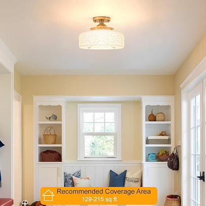 Daunton Gold Semi Flush Mount Ceiling Light with Hand-Carved Design - 12 Inch Vintage White Glass Shade with Etched Patterns, Easy Install 3-Light Fixture for Hallway, Kitchen, Bedroom