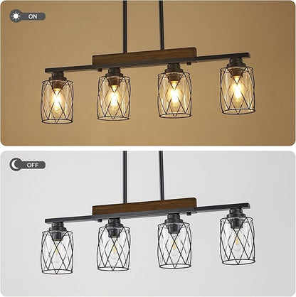 4-Light Dining Room Light Fixture/Chandelier Over Table, Island Lighting Hanging for Farmhouse Linear Chandeliers Matte Black Rustic Wood Ceiling Pendant Light Fixtures, with Clear Glass Shade