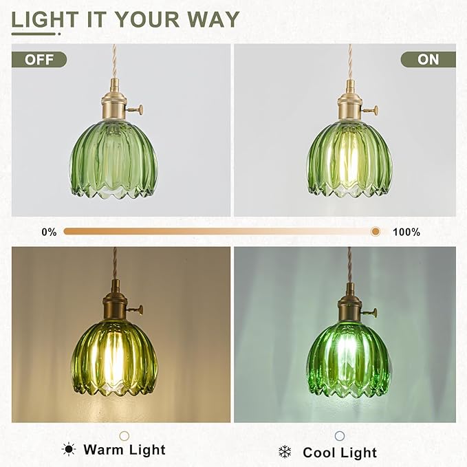 Mini Pendant Lights Kitchen Island 2 Pack, Small Adjustable Pendant Light Fixture with Green Tulip Glass Lampshade, Vintage Gold Pendant Lighting, Pendant Light for Bedroom Dining Room Hallway