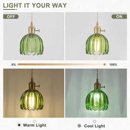 Mini Pendant Lights Kitchen Island 2 Pack, Small Adjustable Pendant Light Fixture with Green Tulip Glass Lampshade, Vintage Gold Pendant Lighting, Pendant Light for Bedroom Dining Room Hallway