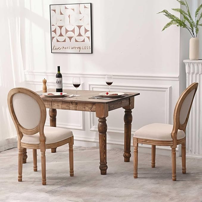 LZMS Vintage Dining Chairs Set of 2, Vintage Farmhouse Style Rubber Wood Room Chairs, Round Back, Solid Wood Frame, Beige Fabric Upholstery French Country Chairs for Kitchen, Bedroom, Dining Room