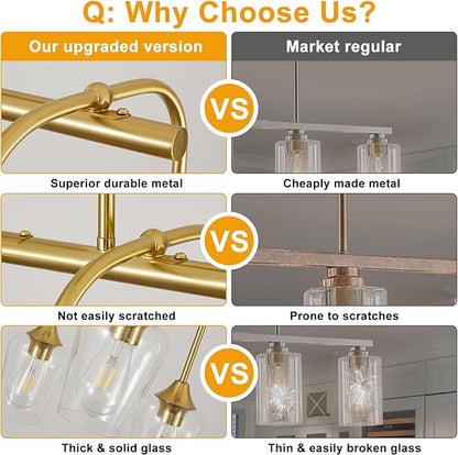 Dining Room Light Fixture/Chandelier Over Table (38inch, 8-Light), Brushed Gold Kitchen Island Lighting with Clear Glass Shade, Modern Hanging Pendant Lights Fixture for Kitchen Island, Dining Room