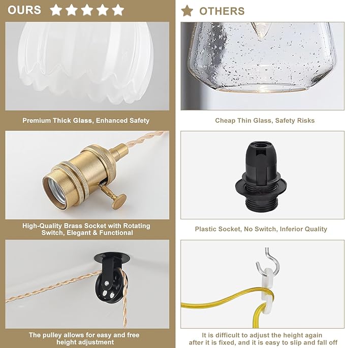 Plug in Pendant Light Fixtures, Hanging Light Fixture Vintage Glass Pendant Light, Mini Milk White Tulip Hanging Lamp, Pendant Lighting for Kitchen Island, Bedroom, Dining Room, Living Room