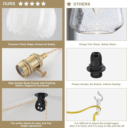 Plug in Pendant Light Fixtures, Hanging Light Fixture Vintage Glass Pendant Light, Mini Milk White Tulip Hanging Lamp, Pendant Lighting for Kitchen Island, Bedroom, Dining Room, Living Room