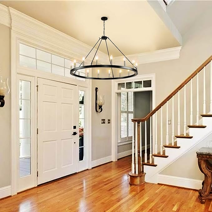 43" Wagon Wheel Chandelier, 16-Light Farmhouse Chandeliers for Dining Room, Black and Gold Foyer Lighting Fixtures, Hanging Pendant Lights Kitchen Island, for Living Room, Entryway, Hallway