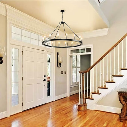 43" Wagon Wheel Chandelier, 16-Light Farmhouse Chandeliers for Dining Room, Black and Gold Foyer Lighting Fixtures, Hanging Pendant Lights Kitchen Island, for Living Room, Entryway, Hallway