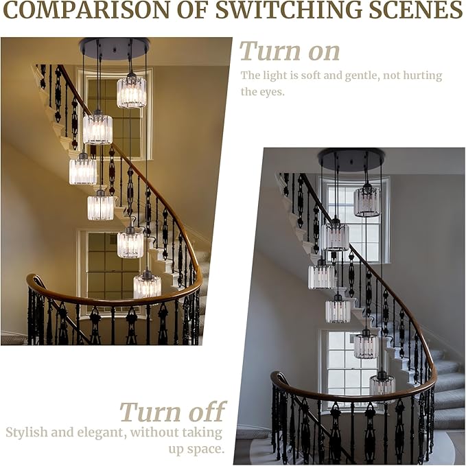 Modern Retro 6-Light Crystal Foyer Chandelier for High Ceilings, Large Hanging Chandelier for Staircase, Entryway, Kitchen Island, Adjustable Height Black E26 Pendant Light Fixture