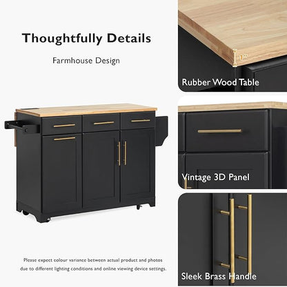 JIJIWANG 59.3" Kitchen Island with Storage 2 Pull Out Cabinet Organizers & Rubber Wood Drop Leaf, Rolling Island with Trash Can Storage, Power Outlet, Spice & Towel Rack for Kitchen, Dining, Black