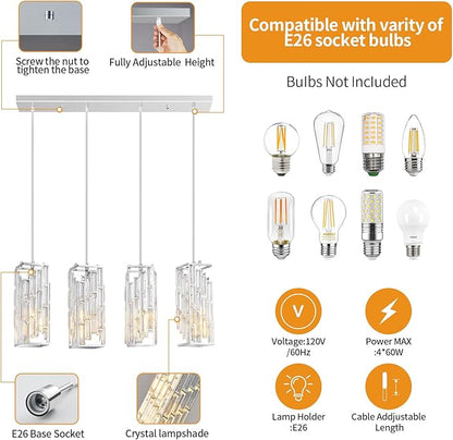 Chrome Pendant Lighting Modern Pendant Light, Mini Crystal Chandeliers,Adjustable Pendant Light Fixture for Kitchen Island Dinning Room Bedroom (4 Light)